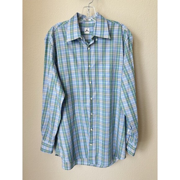 Peter Millar Men's Size Medium Blue Green Plaid Long Sleeve Button-Down Shirt - Picture 1 of 5
